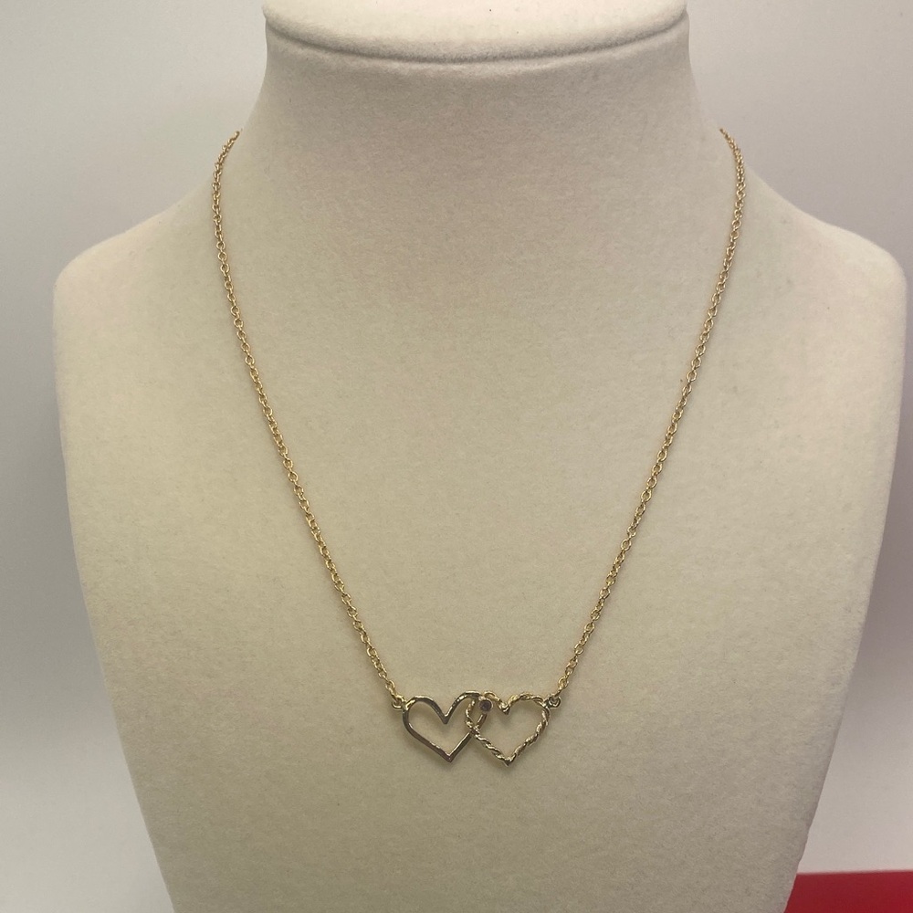 Gold Tone Double Heart Pendant Necklace 15 Inches with Birthstone for February